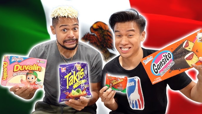 Two Individuals Holding Snacks with the Mexican Flag in the Background: Friends enjoying traditional Mexican snacks in a patriotic setting.