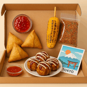 Assortment of street food-inspired snacks from around the world in the Global Street Food Box